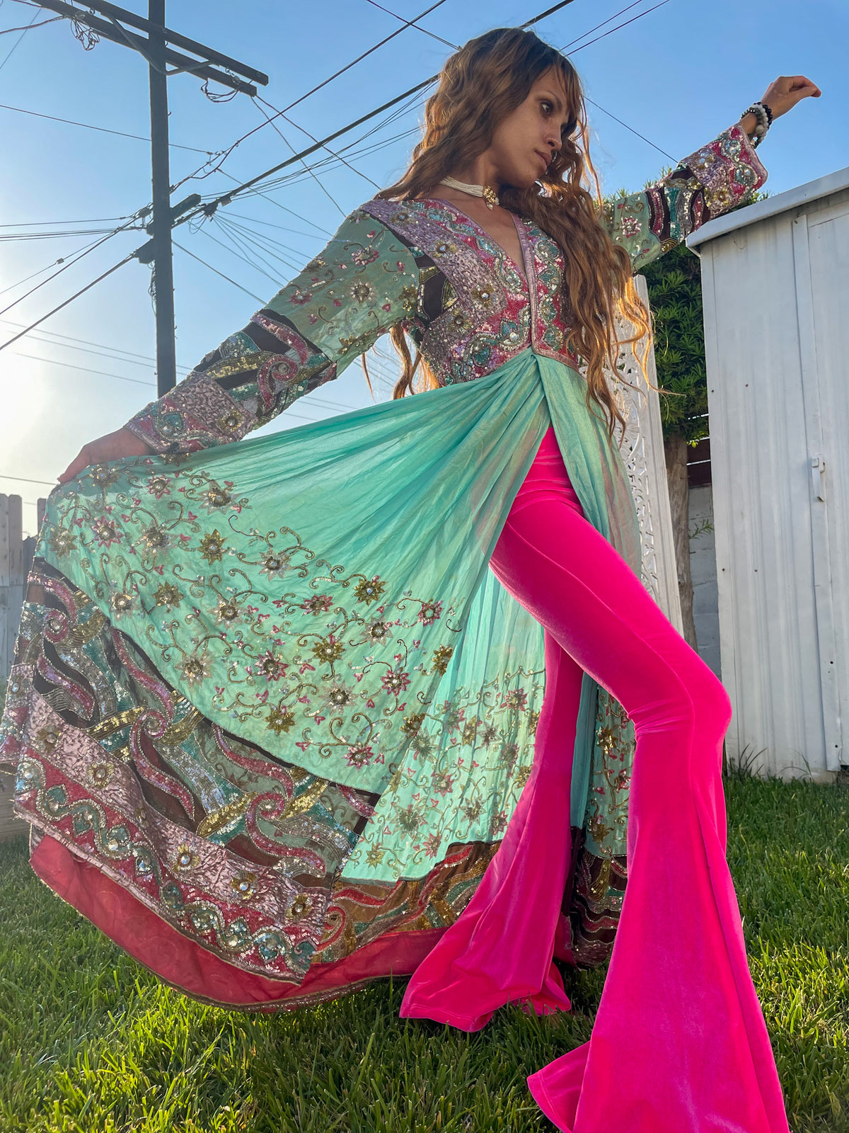 Hot Girl Pink Velvet Flare Pants
