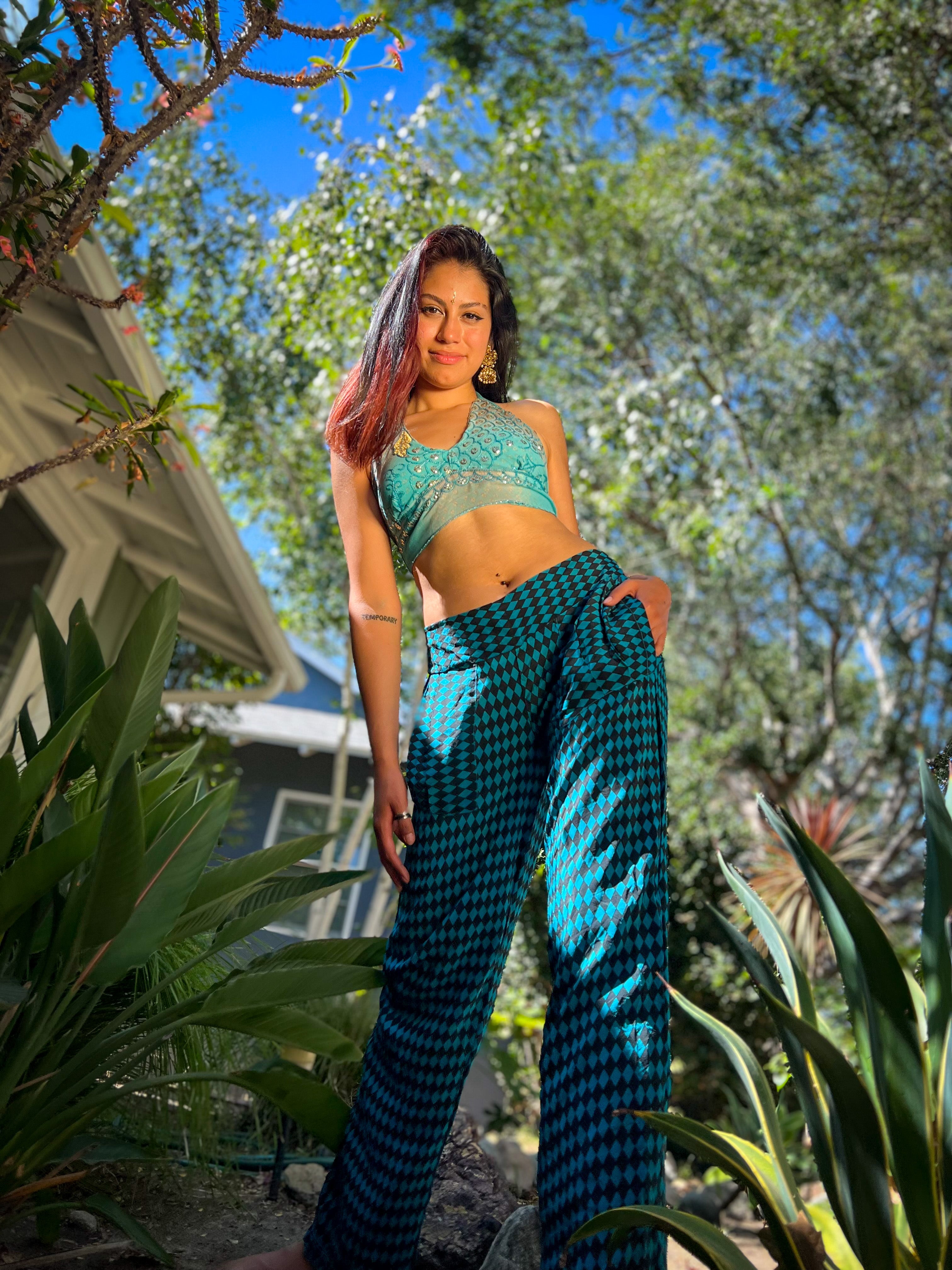 Blue Checkers Silk Pants