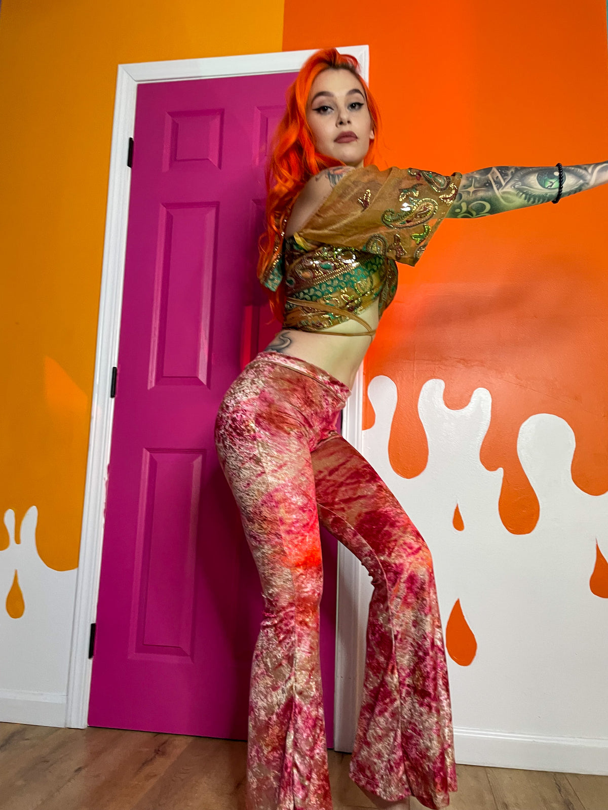 sunsets n roses velvet flare pants