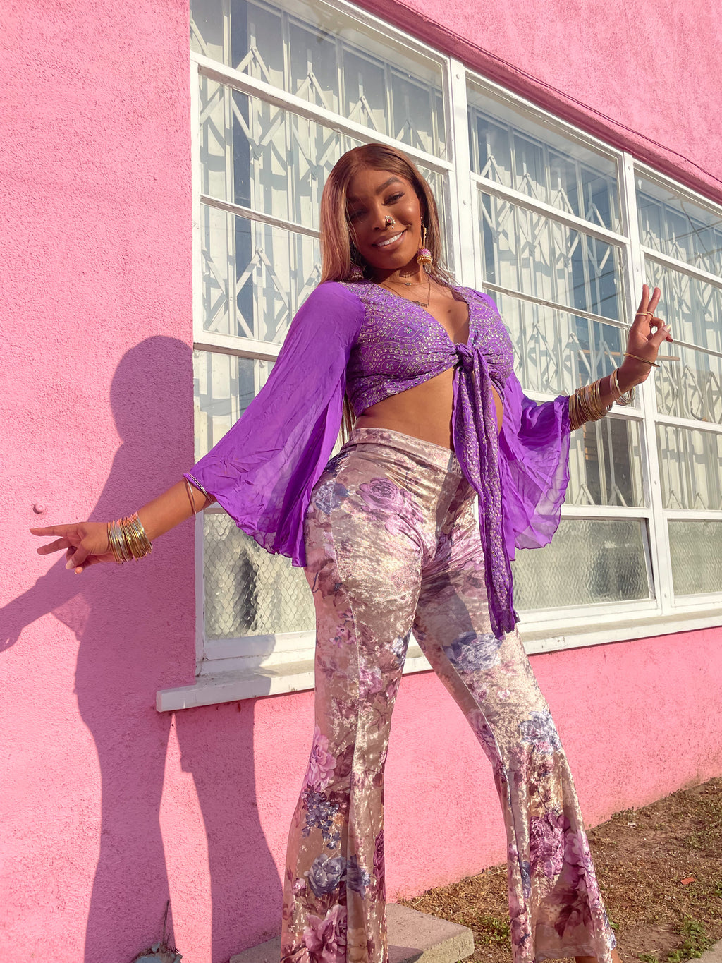 Champagne Velvet flowers Flare Pants