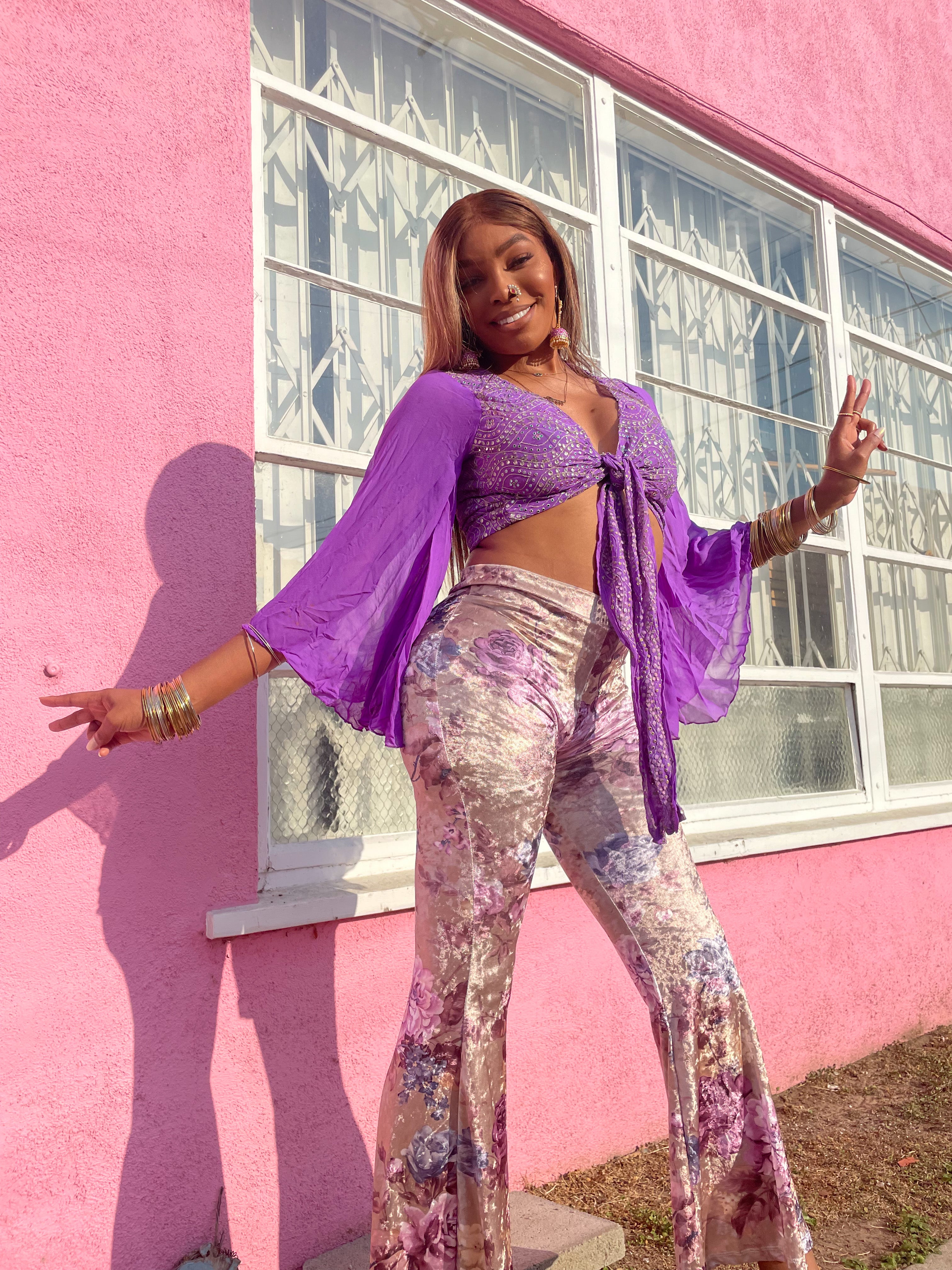 Champagne Velvet flowers Flare Pants