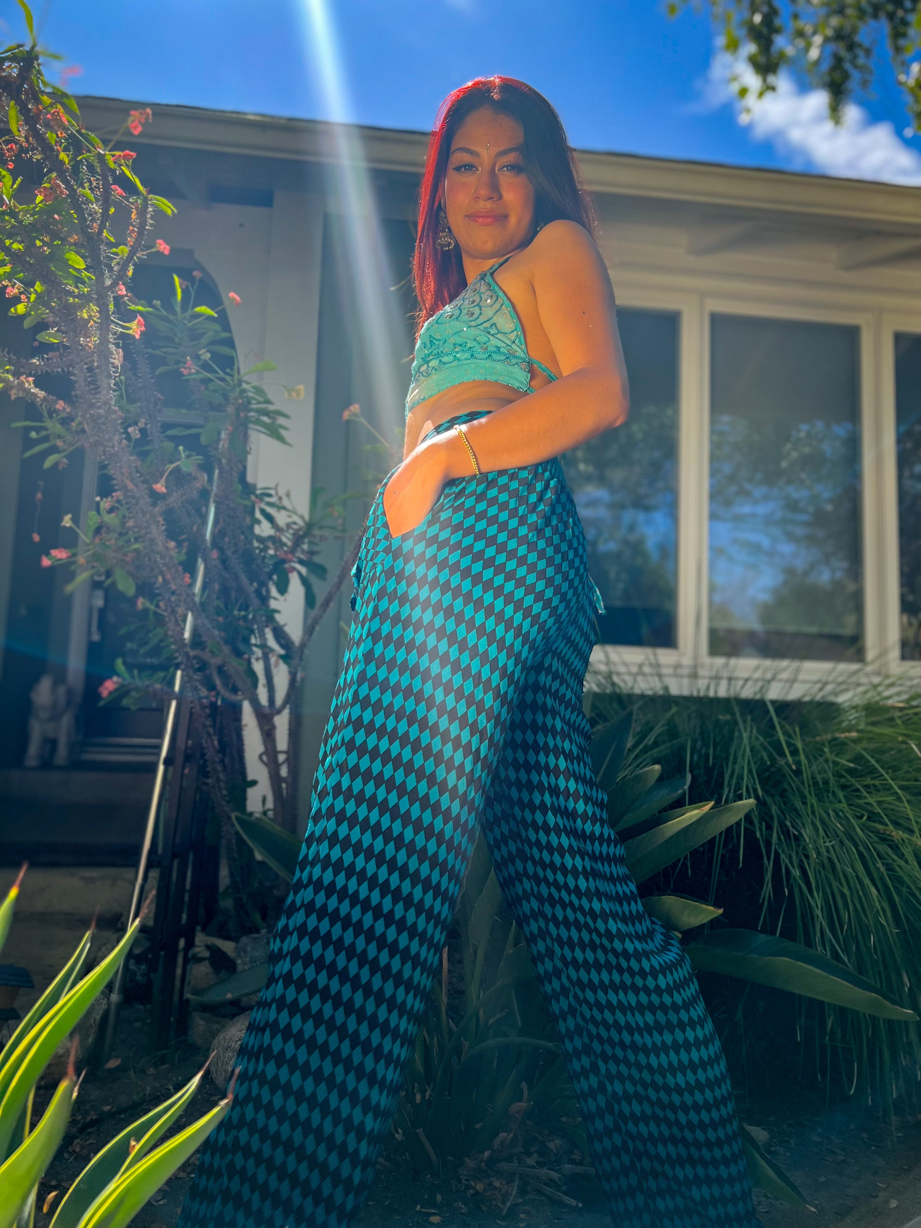 Blue Checkers Silk Pants