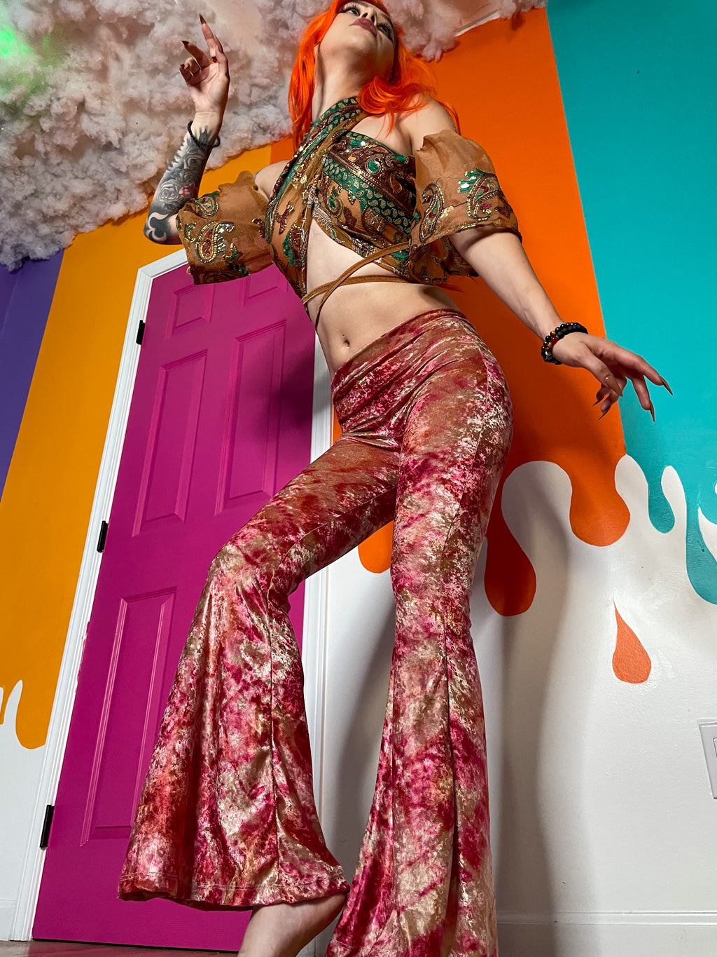 sunsets n roses velvet flare pants