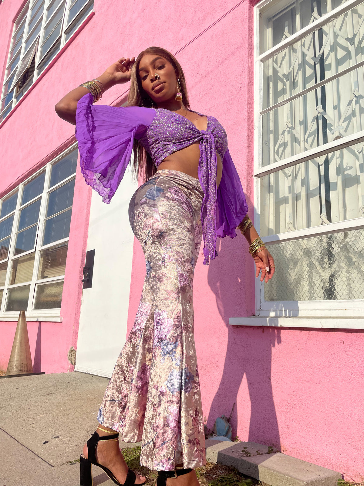 Champagne Velvet flowers Flare Pants
