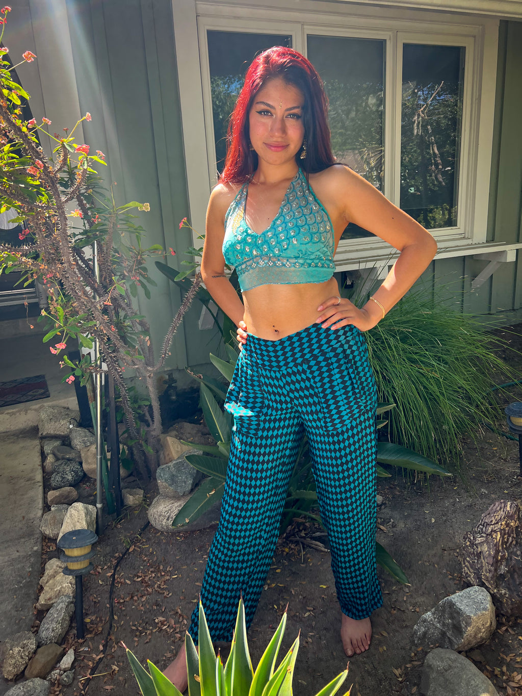 Blue Checkers Silk Pants