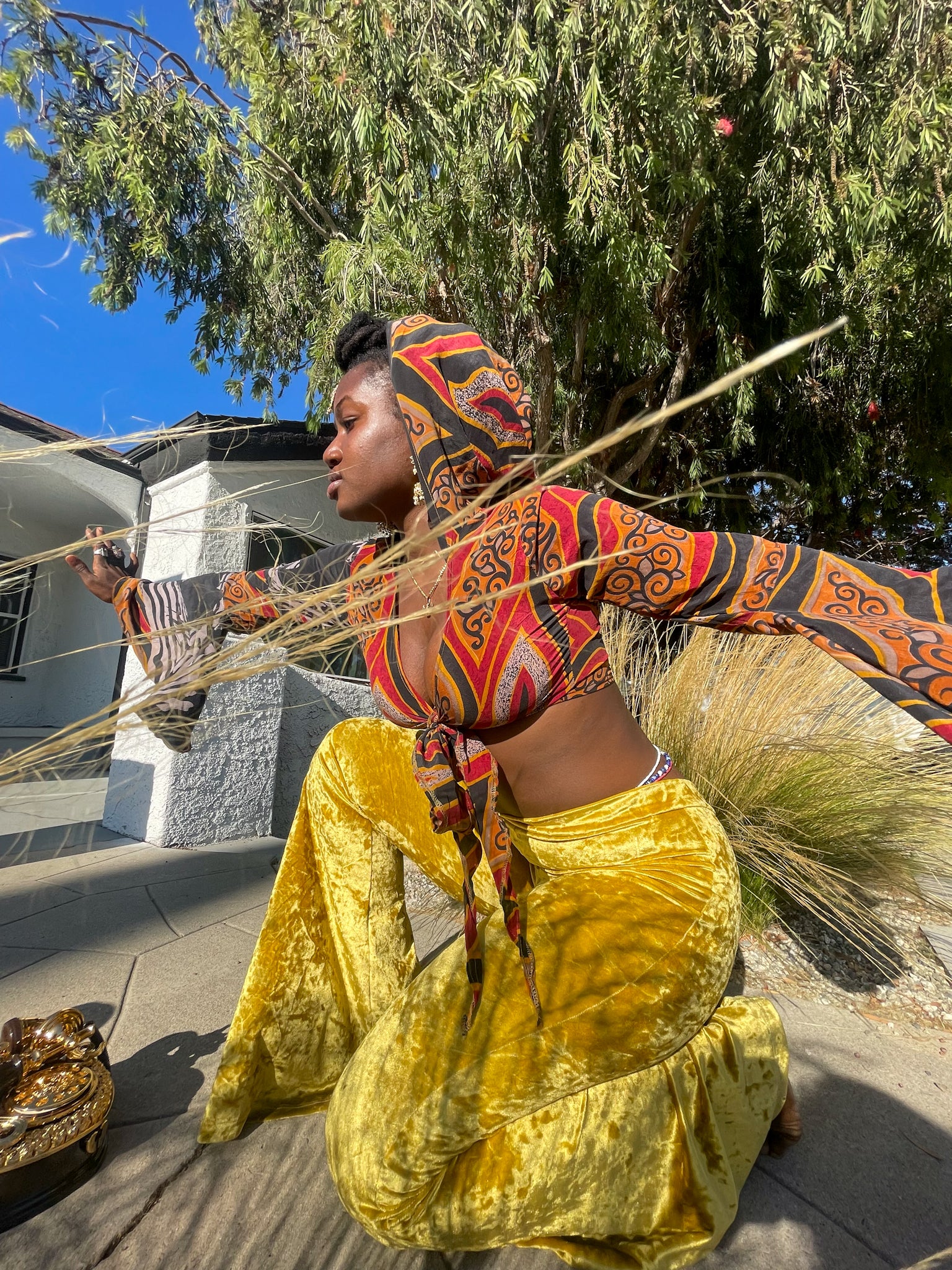 Gold Amulet Velvet Flare Pants