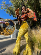 Load image into Gallery viewer, Gold Amulet Velvet Flare Pants
