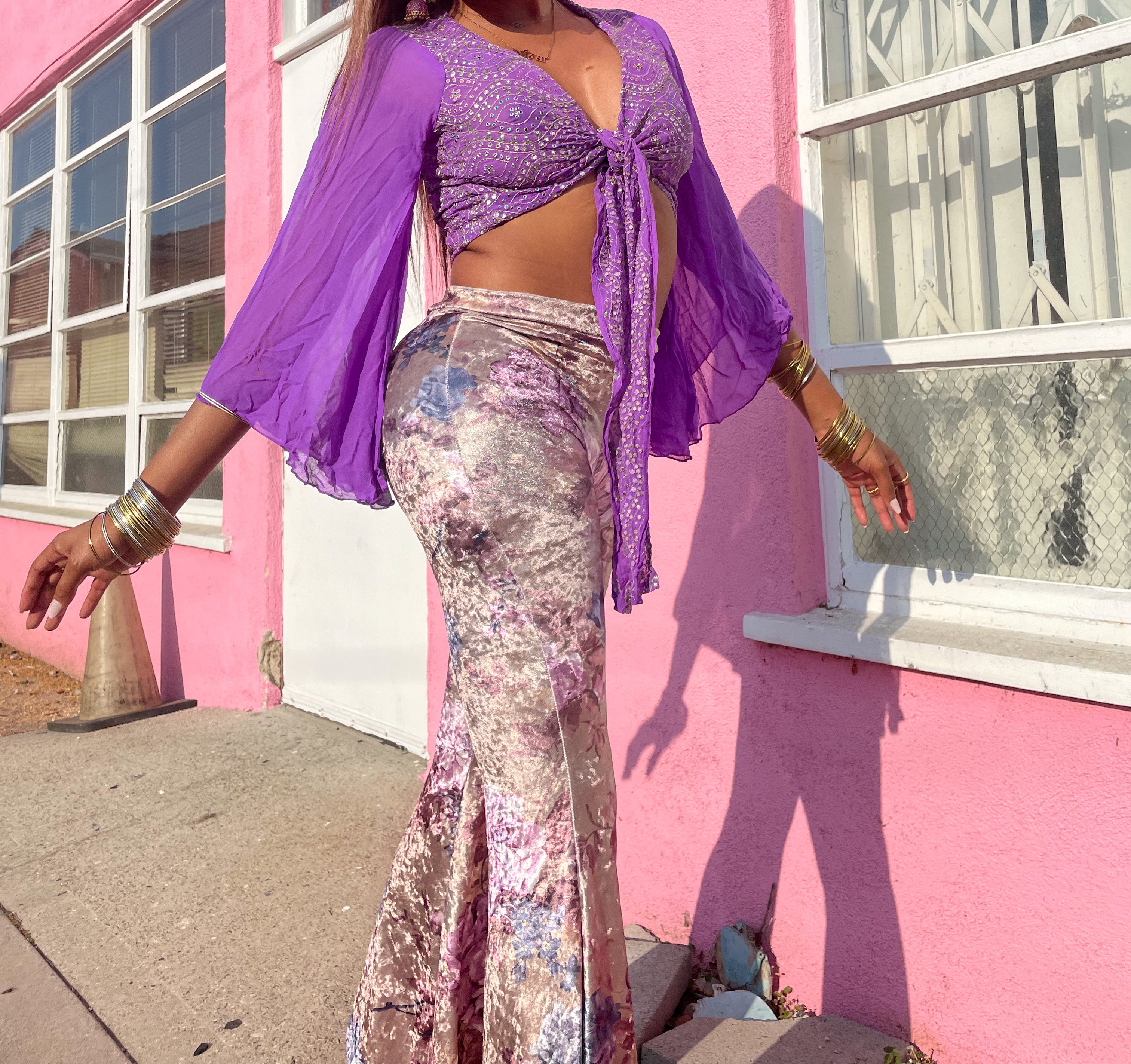 Champagne Velvet flowers Flare Pants