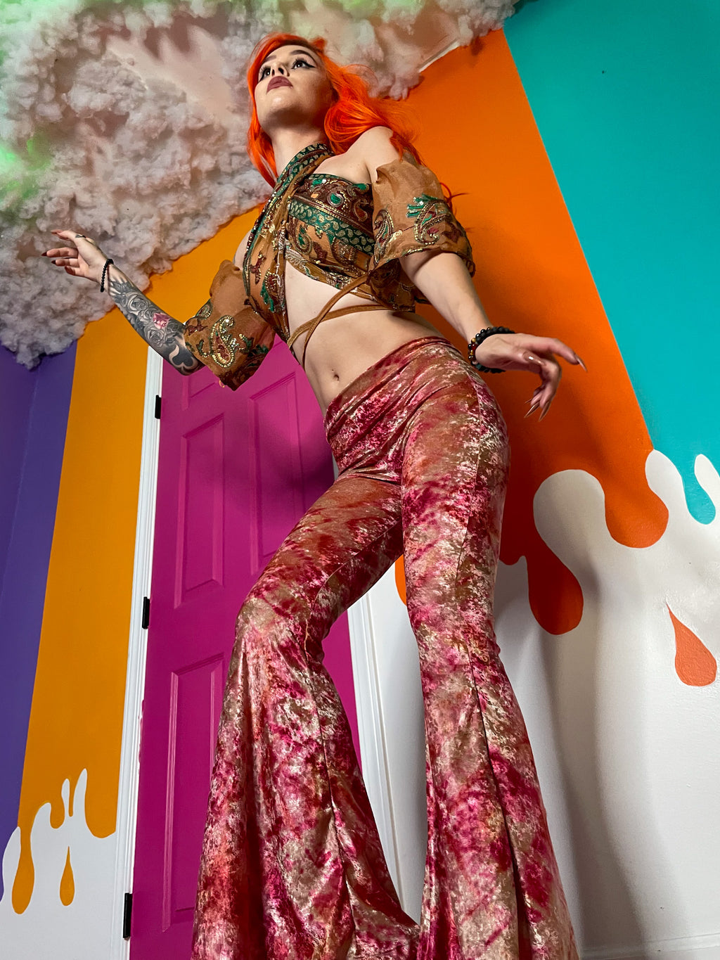 sunsets n roses velvet flare pants