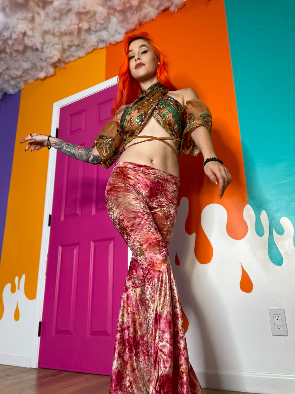 sunsets n roses velvet flare pants