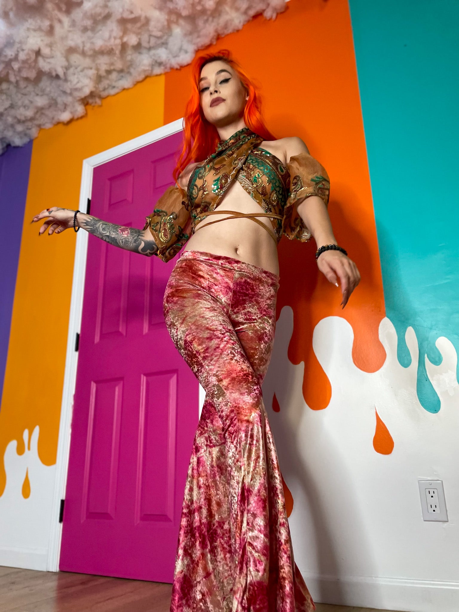 sunsets n roses velvet flare pants