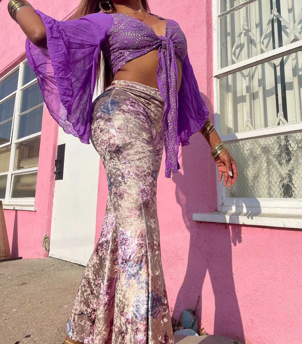 Champagne Velvet flowers Flare Pants
