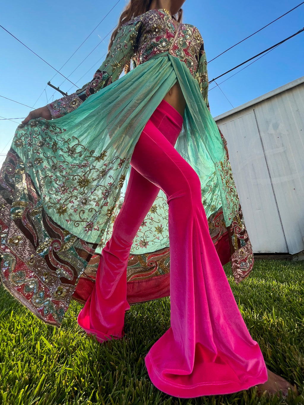 Hot Girl Pink Velvet Flare Pants