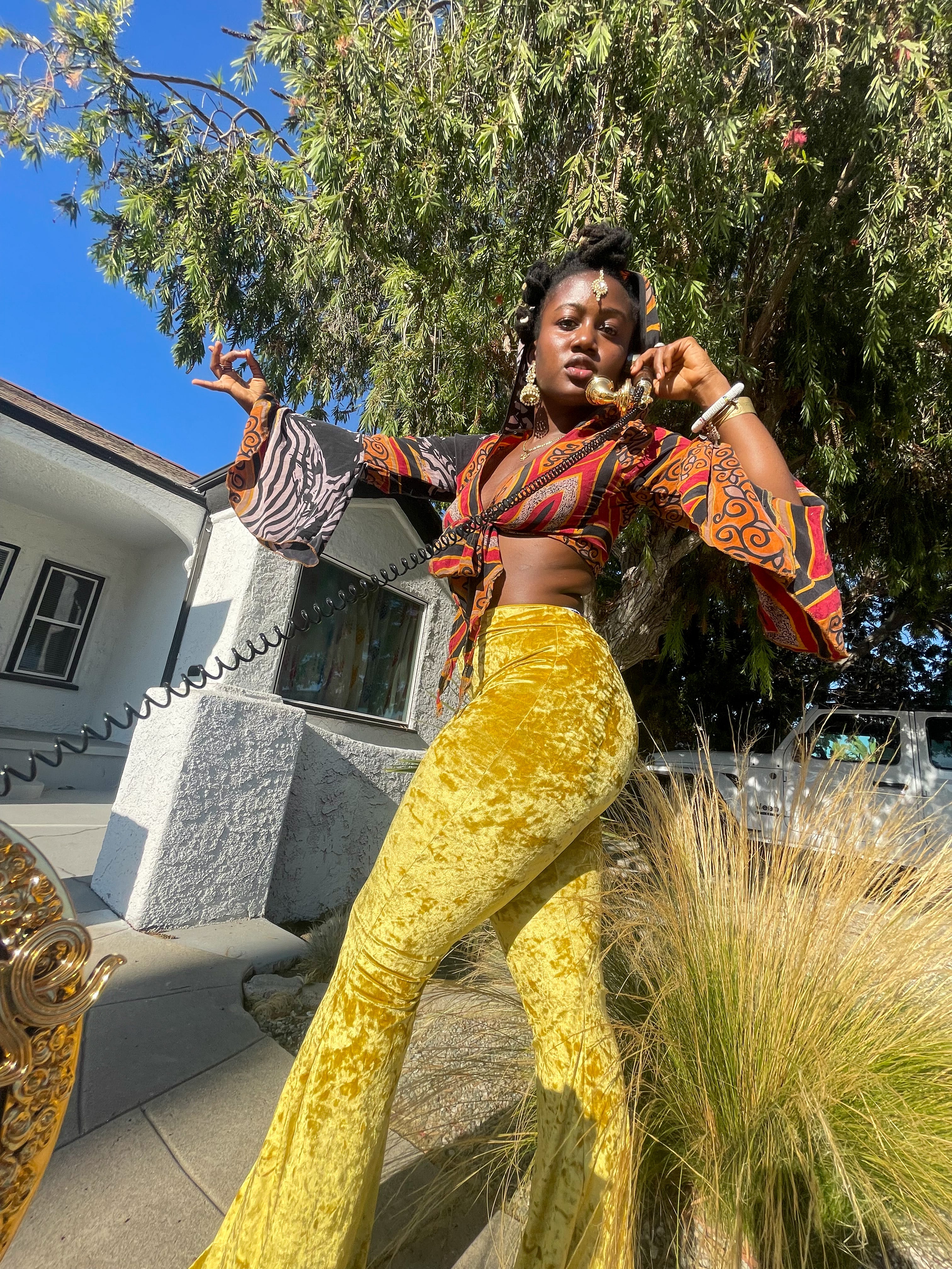 Gold Amulet Velvet Flare Pants