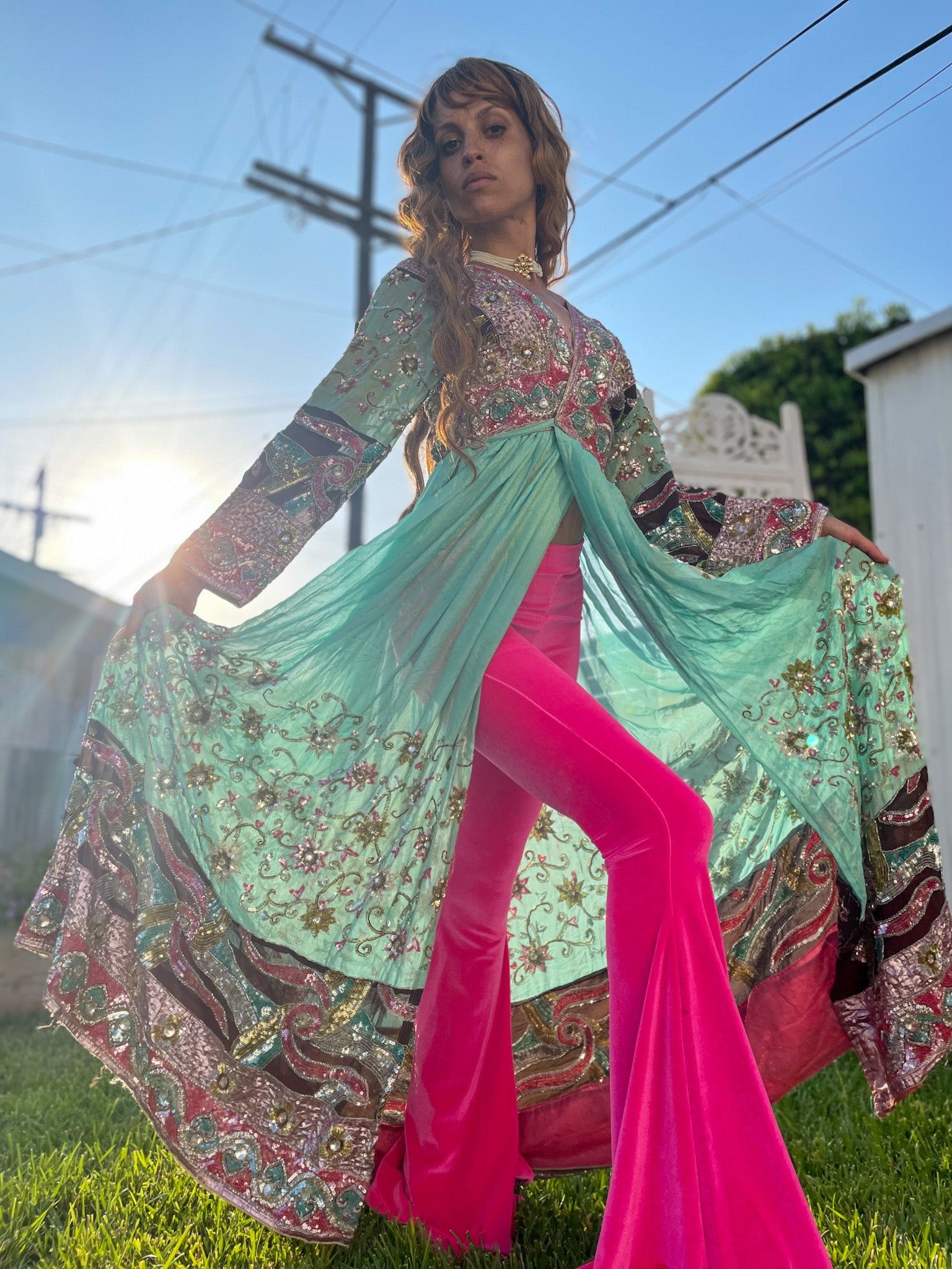 Hot Girl Pink Velvet Flare Pants