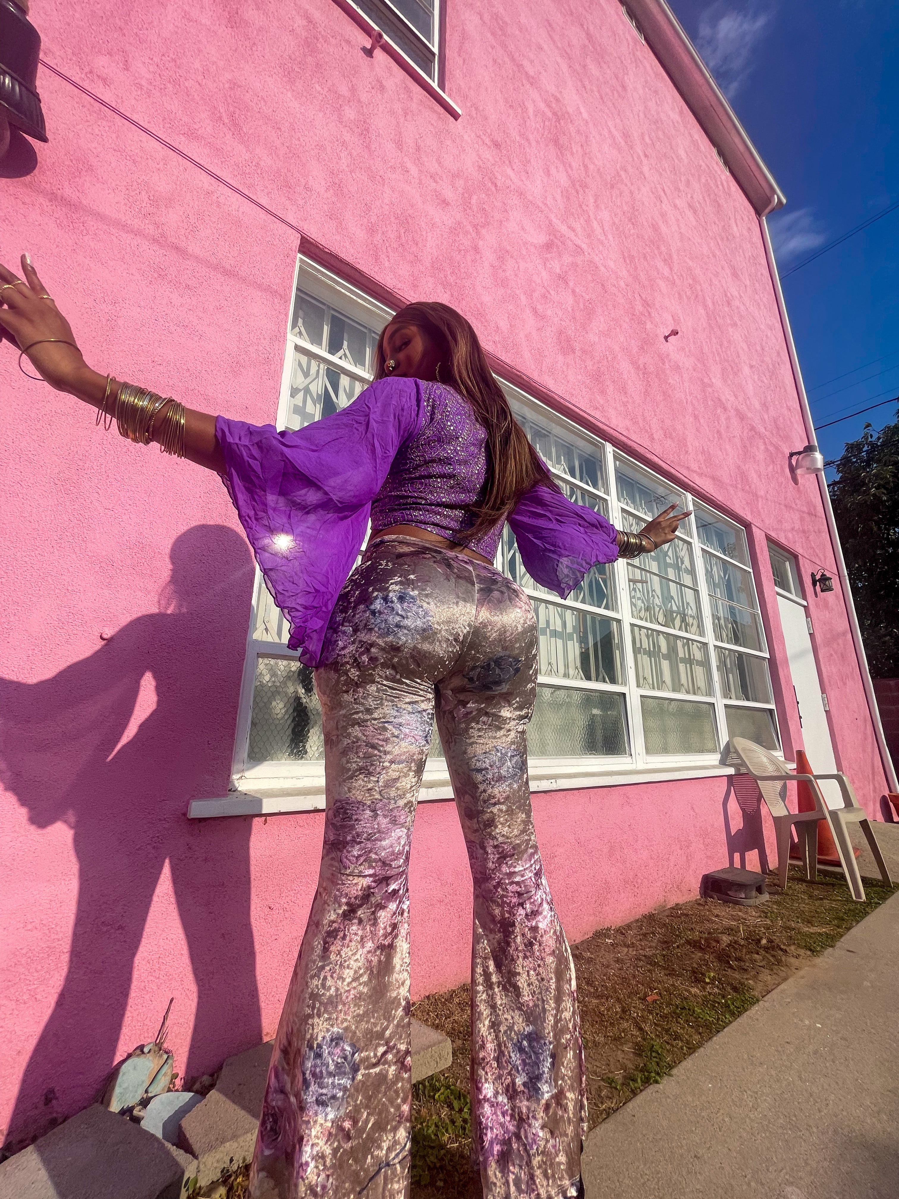 Champagne Velvet flowers Flare Pants