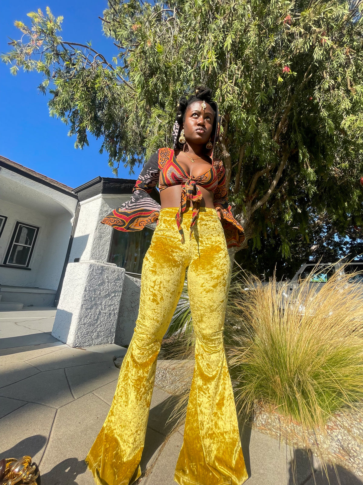 Gold Amulet Velvet Flare Pants