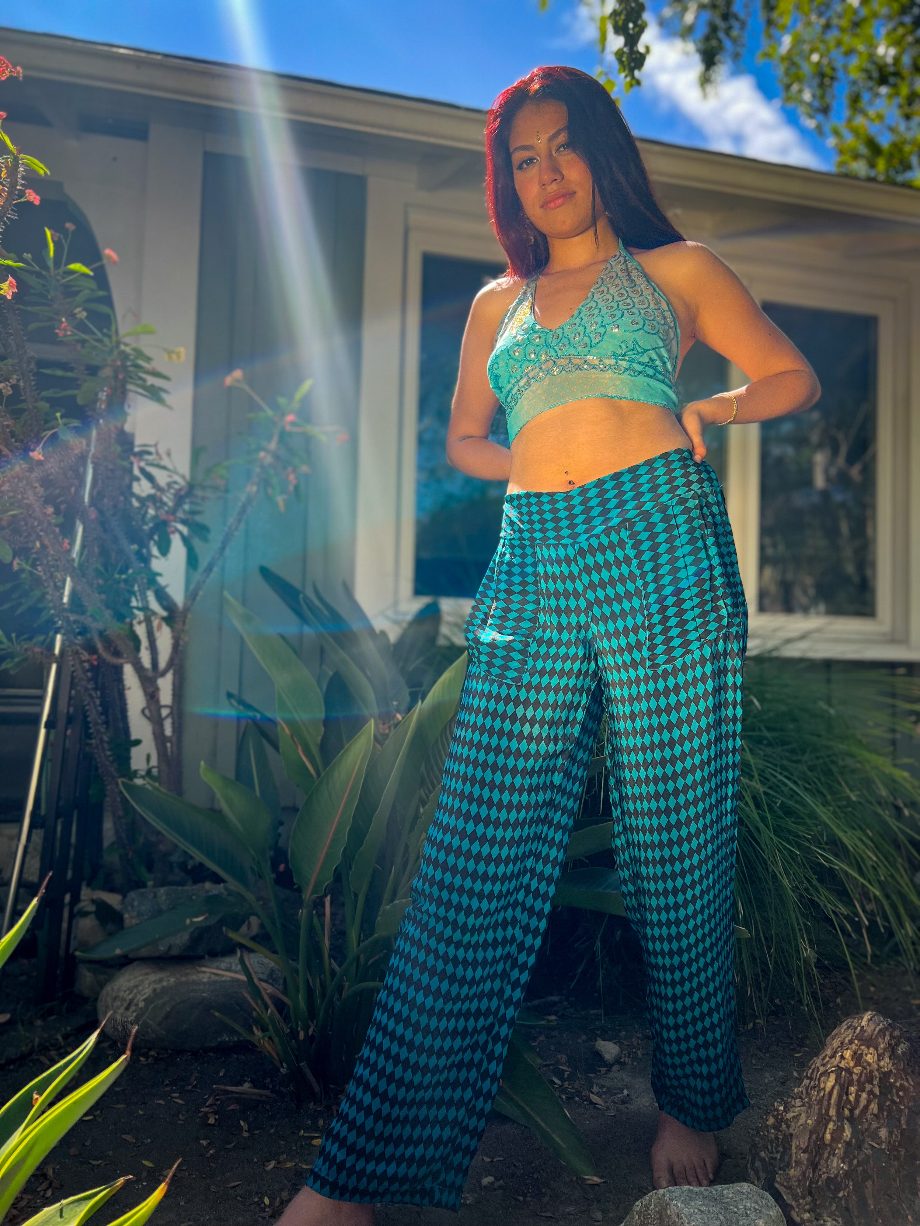 Blue Checkers Silk Pants