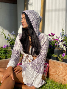 White Sanskrit top with black writing