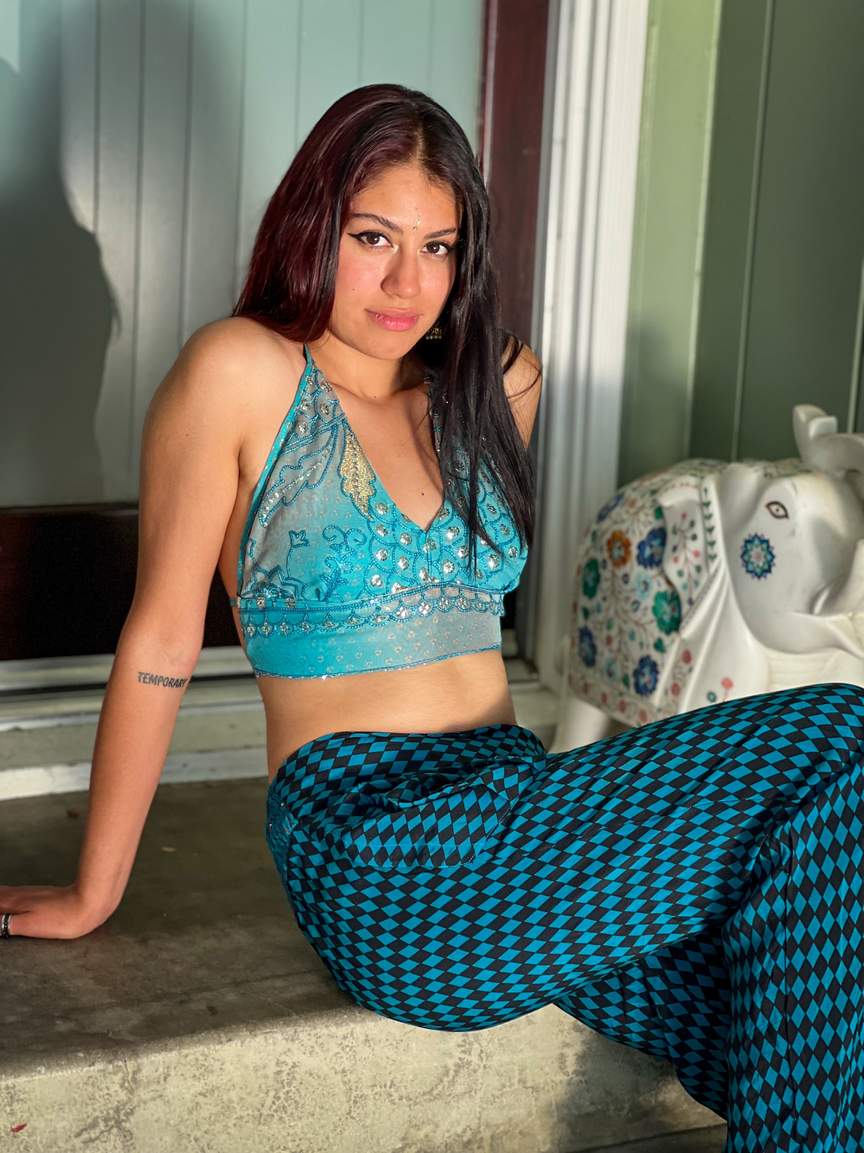 Blue Checkers Silk Pants