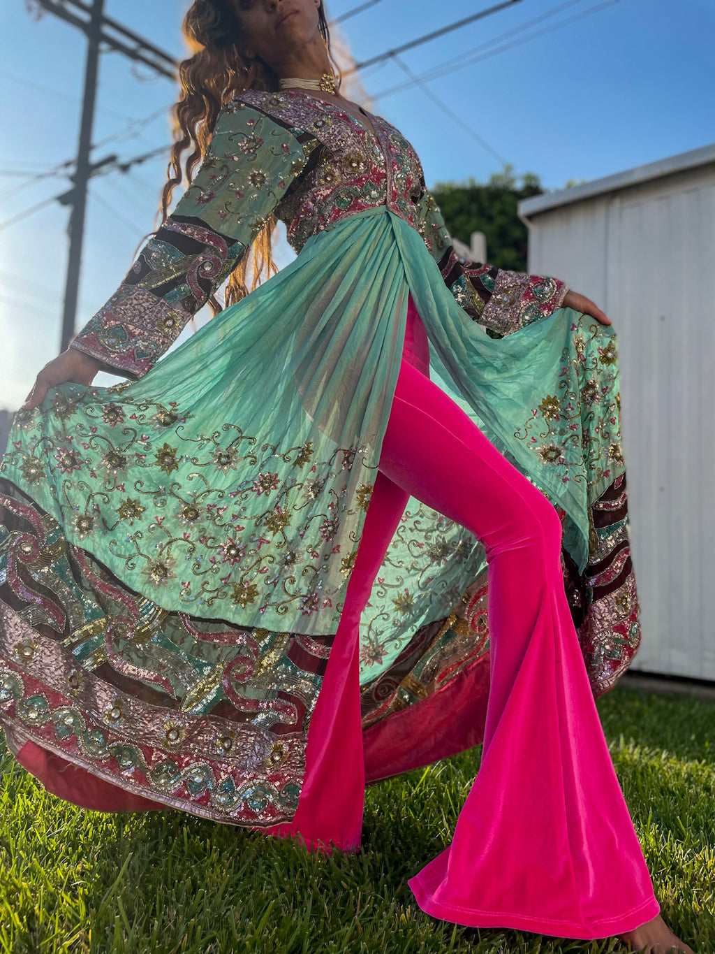 Hot Girl Pink Velvet Flare Pants