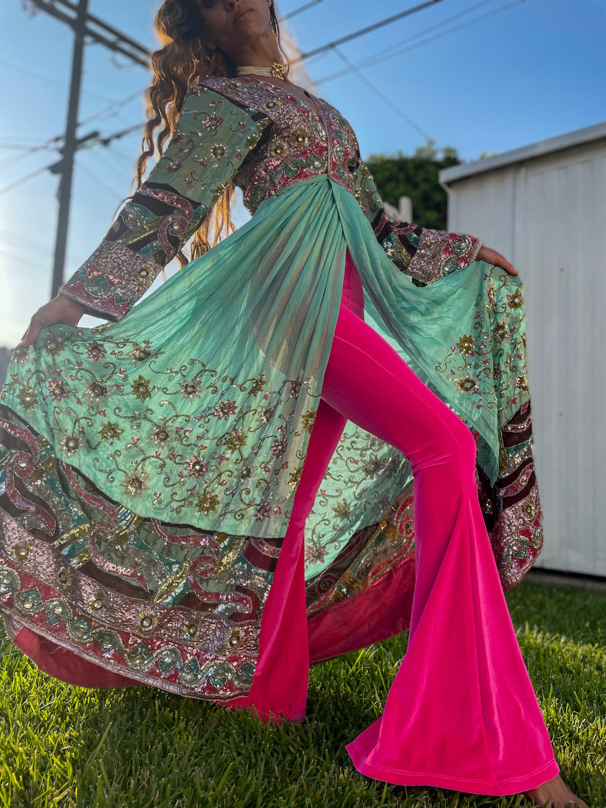 Hot Girl Pink Velvet Flare Pants