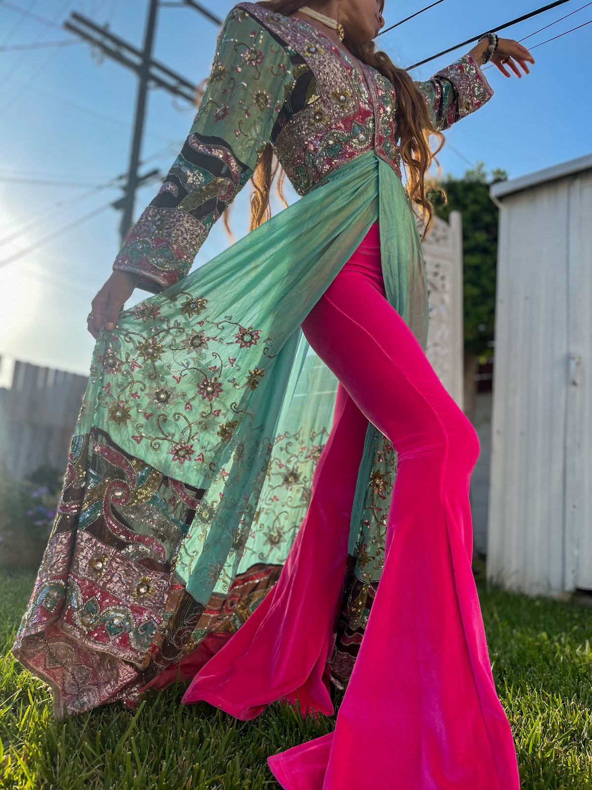 Hot Girl Pink Velvet Flare Pants
