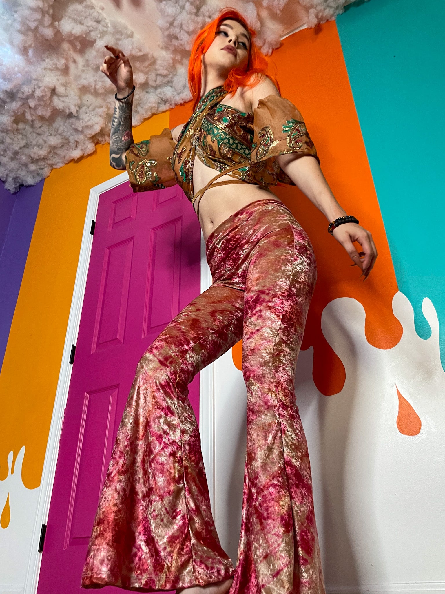 sunsets n roses velvet flare pants