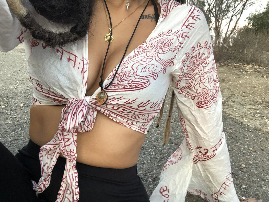 White Sanskrit top with Red writing